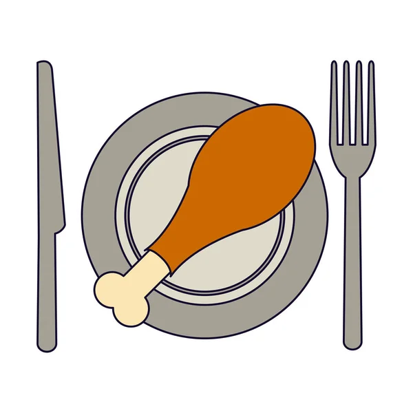 Pollo asado en plato con cubiertos — Vector de stock