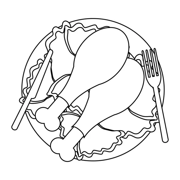 Pollo asado en plato con cubiertos en blanco y negro — Vector de stock