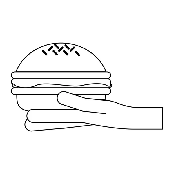 Рука держит бургер черно-белый — стоковый вектор