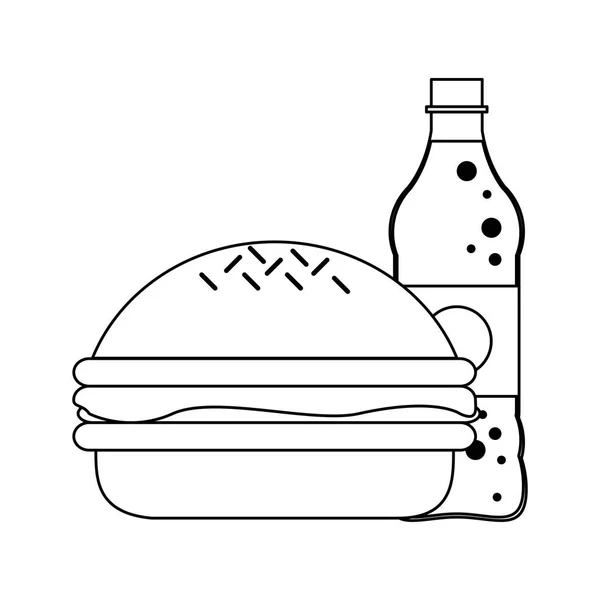 Burger and soda bottle blanco y negro — Vector de stock