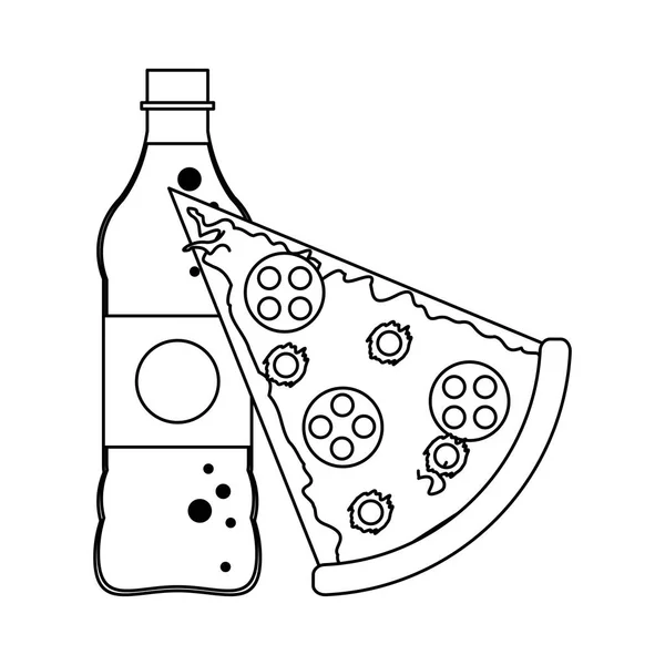 Botella de pizza y refresco blanco y negro — Vector de stock