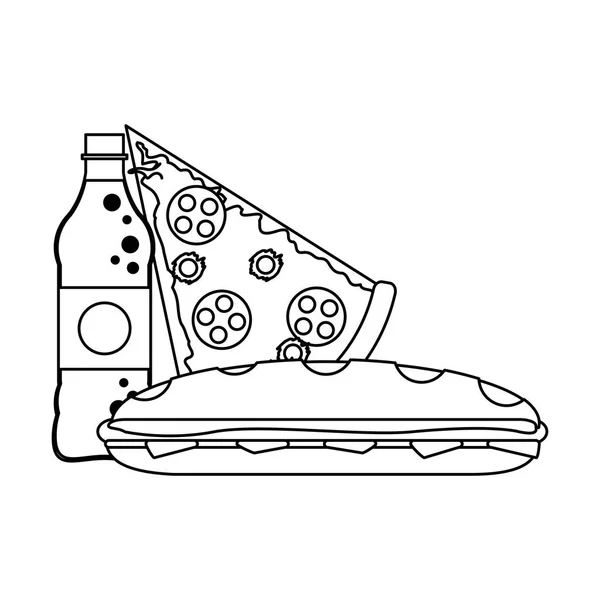Botella de refresco y pizza con sándwich blanco y negro — Vector de stock