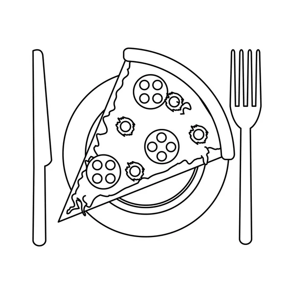 Pizza auf Teller mit Besteck schwarz-weiß — Stockvektor