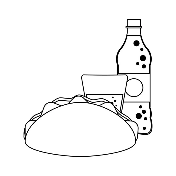 Burrito y botella de refresco blanco y negro — Vector de stock