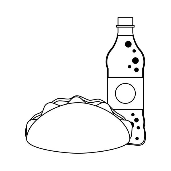 Bouteille de burrito et soda noir et blanc — Image vectorielle