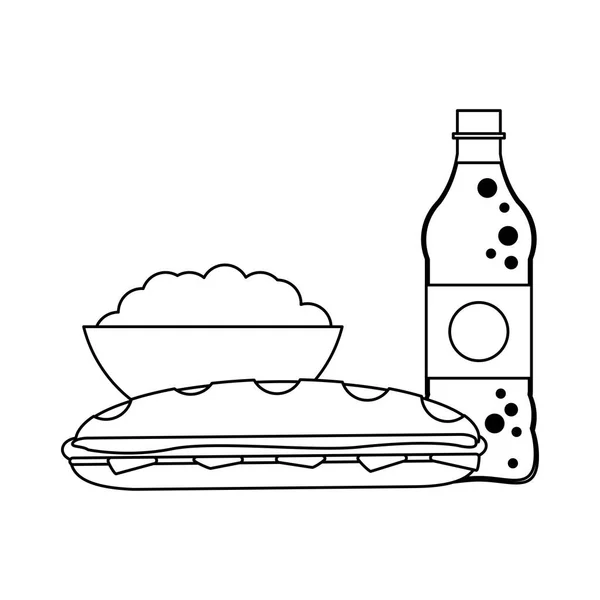 Soda e milho pop com sanduíche preto e branco — Vetor de Stock