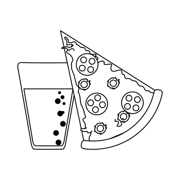 Pizza en soda cup zwart-wit — Stockvector