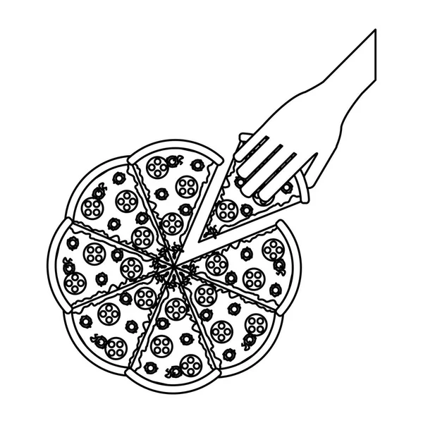 Mano agarrando pizza en blanco y negro — Vector de stock