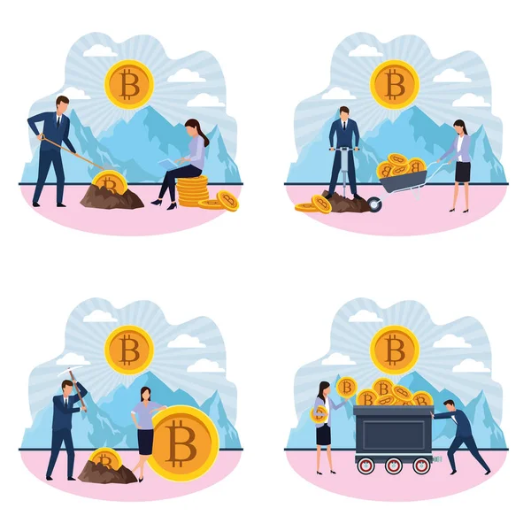 Set of digital mining bitcoin coupple — Stock Vector