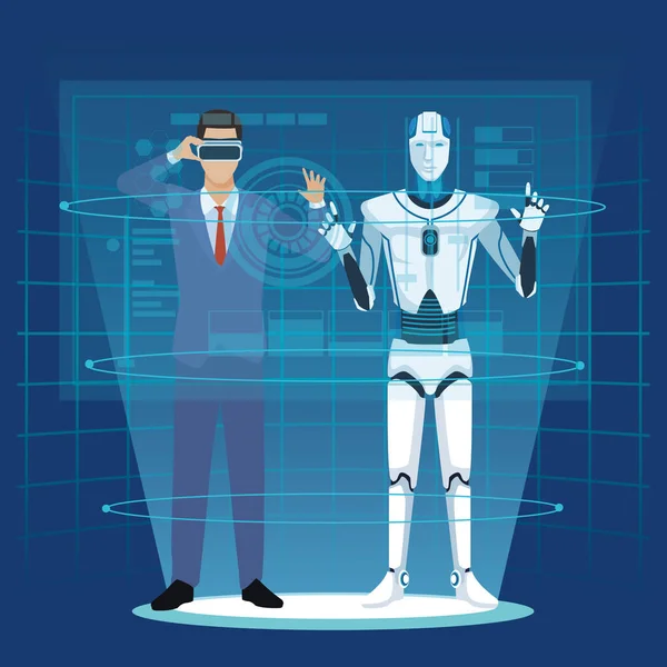 Robot humanoide y hombre de negocios — Vector de stock