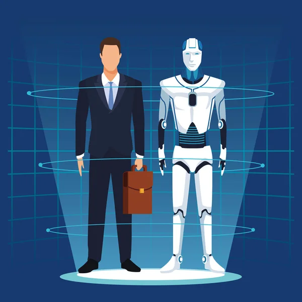 Robot humanoide y hombre de negocios — Vector de stock