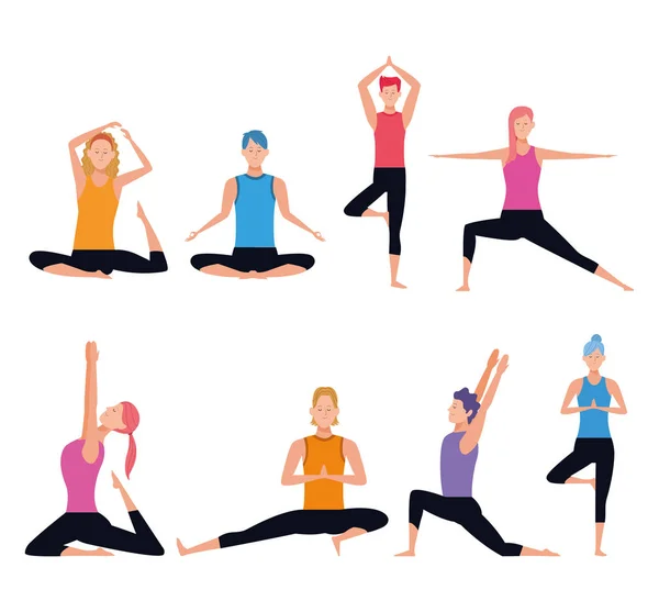 Conjunto de personas haciendo posturas de yoga — Vector de stock