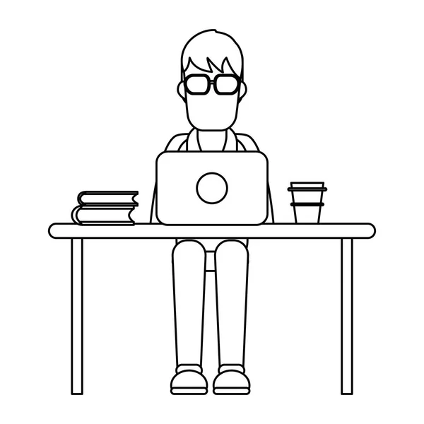 Working with computer avatar black and white — Stock Vector