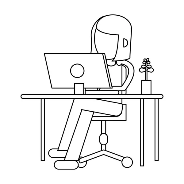 Working with computer avatar black and white — Stock Vector