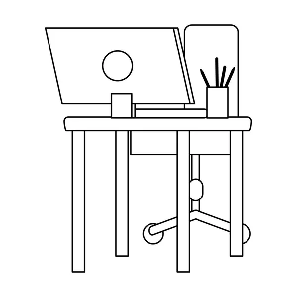 Bureau avec ordinateur noir et blanc — Image vectorielle