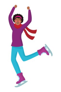 Kış giysileri buz pateni ile mutlu kadın vektör çizim grafik tasarım