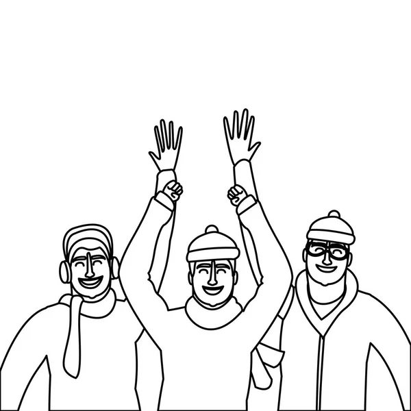 Счастливые люди зимой в черно-белом — стоковый вектор