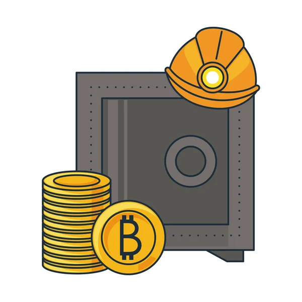 Bitcoin seguridad minera con caja fuerte — Vector de stock