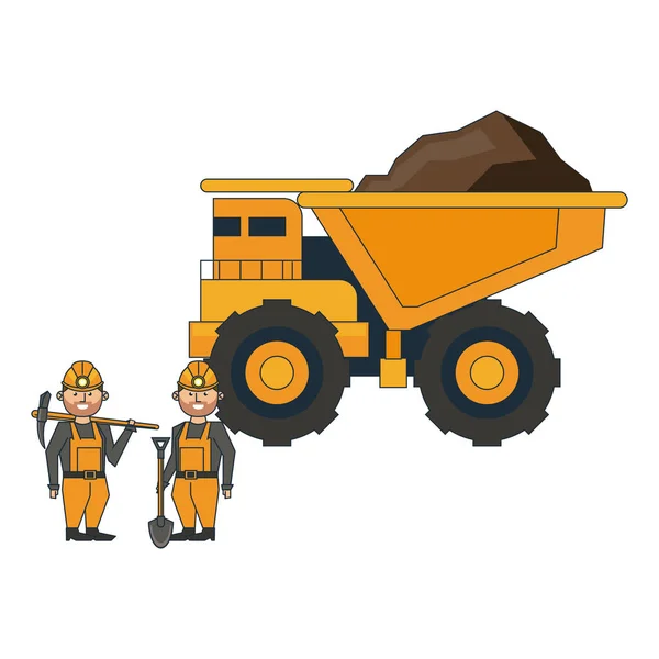 Minería camión grande y trabajadores con herramientas — Vector de stock