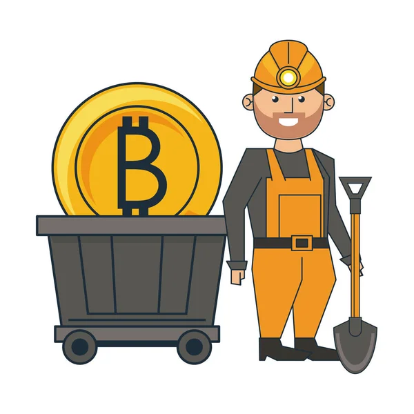 Mining bitcoin i pracownik z łopatą i wagonu — Wektor stockowy