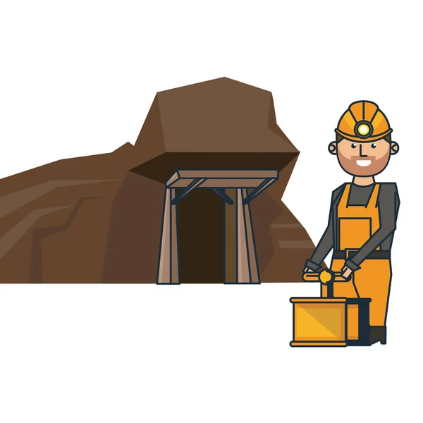 Caverna de mineração e trabalhador com detonador —  Vetores de Stock