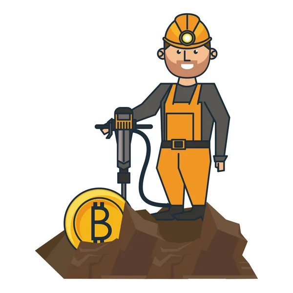 Bitcoin madencilik ve işçi ile matkap — Stok Vektör