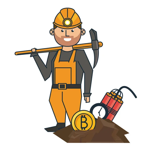 Trabalhador de mineração Bitcoin com picareta e tnt —  Vetores de Stock