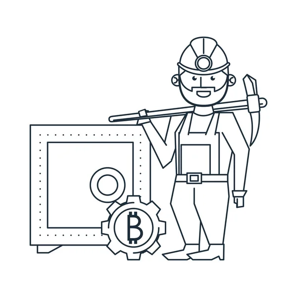 Bitcoin mining strongbox and worker with pick — Stock Vector