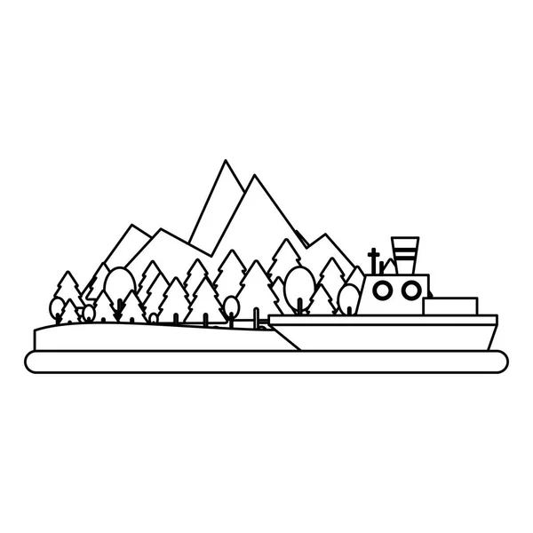 Barco de pesca en isla en blanco y negro — Vector de stock