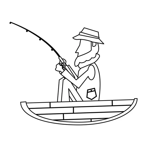 Pescador en barco en blanco y negro — Vector de stock