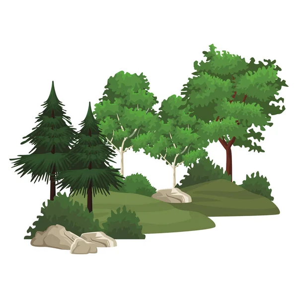 Bomen Met Struiken Rotsen Natuur Landschap Cartoon Vector Illustratie Grafisch — Stockvector
