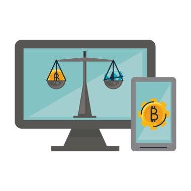 Bitcoin madencilik ve yatırım bilgisayar ve smartphone illüstrasyon grafik tasarım vektör