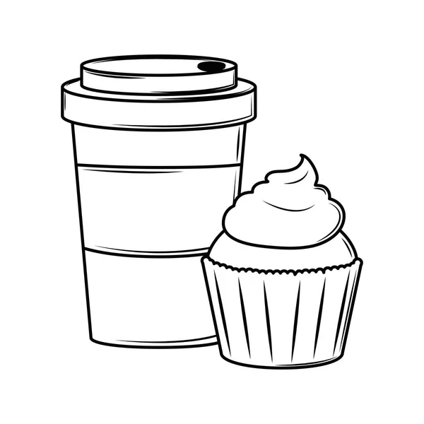 Kahve Kupası ve cupcake siyah ve beyaz — Stok Vektör
