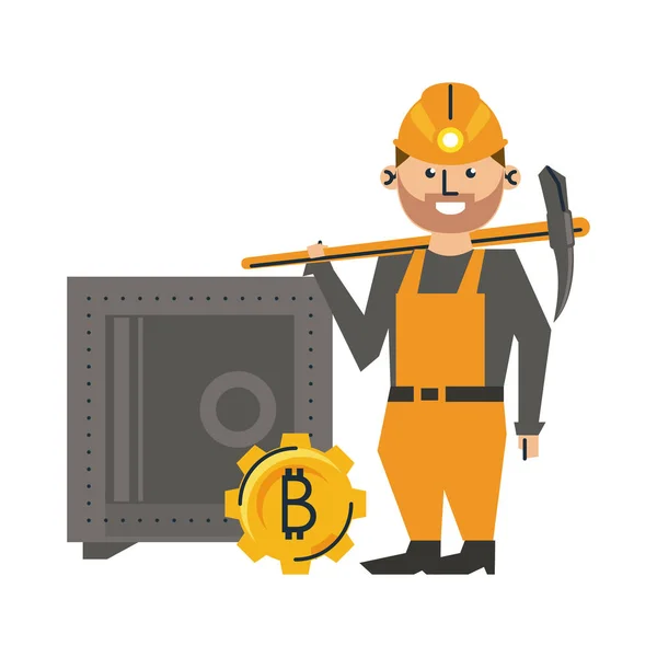 Bitcoin mineração caixa forte e trabalhador com picareta —  Vetores de Stock