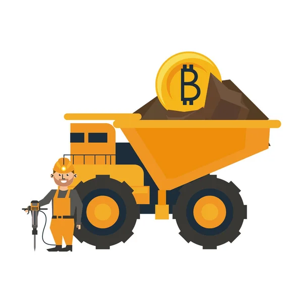 Bitcoin madencilik kamyon ve işçi matkap ile — Stok Vektör
