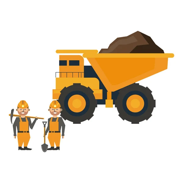 Minería camión grande y trabajadores con herramientas — Vector de stock