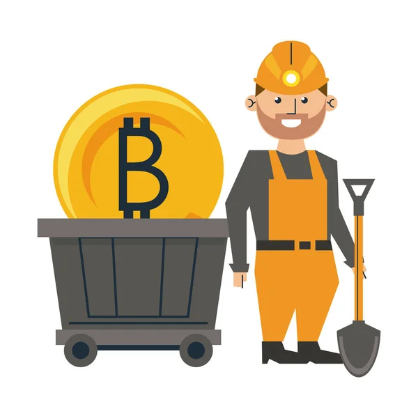 Mining bitcoin i pracownik z łopatą i wagonu — Wektor stockowy