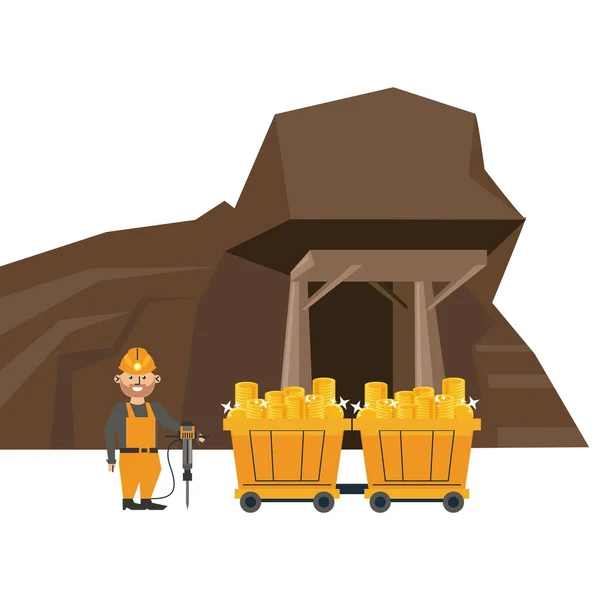 采矿洞和工作者与货车车 — 图库矢量图片