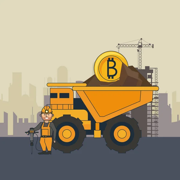 Bitcoin madencilik kamyon ve işçi matkap ile — Stok Vektör