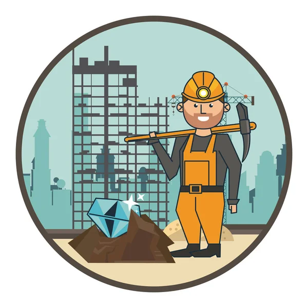 Diamond mining and worker with pick — Stock Vector