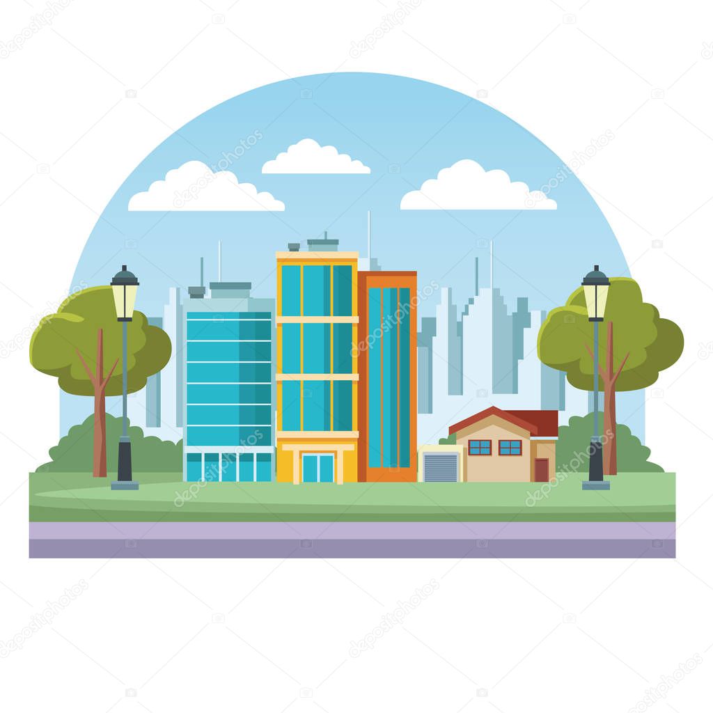 Set of city buildings real estate over cityscape scenery round icon vector illustration graphic design