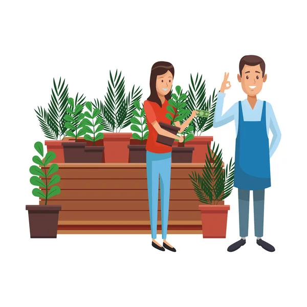 Giardiniere Clienti Con Piante Vaso Illustrazione Vettoriale Grafica — Vettoriale Stock