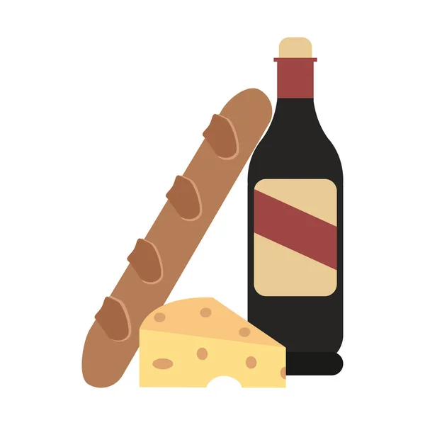 Bottiglia di vino e pane con formaggio — Vettoriale Stock