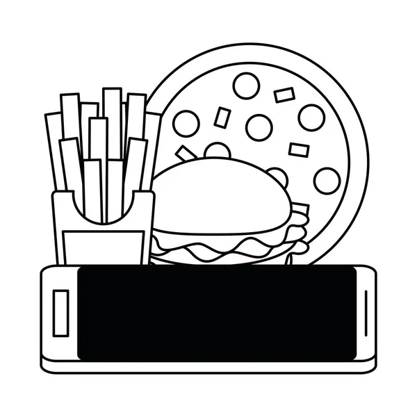 Замовлення та доставка їжі в Інтернеті чорно-біле — стоковий вектор