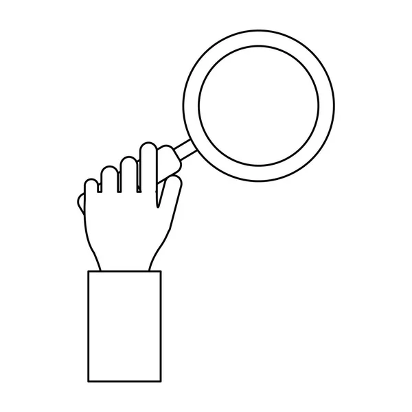Hand with magnifying glass black and white — Stock Vector