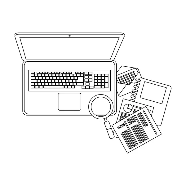 Ordinateur portable et travail noir et blanc — Image vectorielle