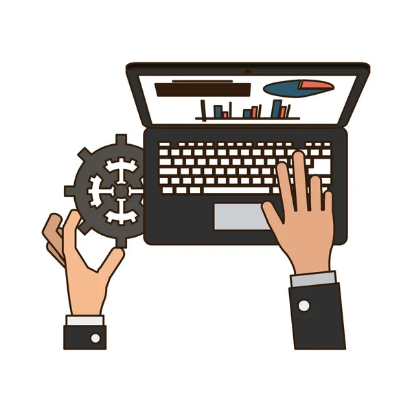 Mãos usando laptop para o trabalho — Vetor de Stock