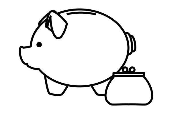 Piggy en munten portemonnee zwart-wit — Stockvector