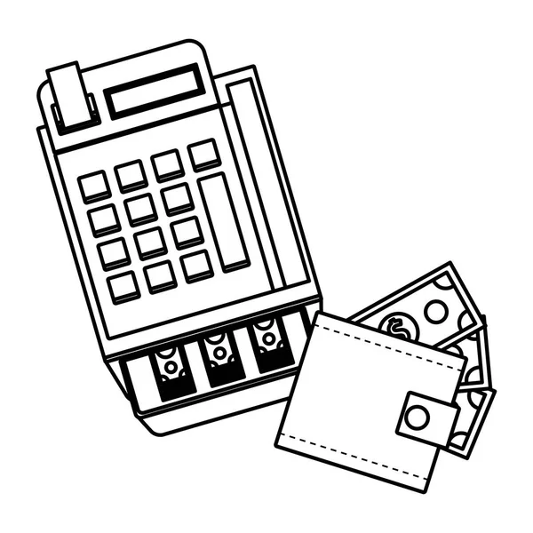 Caixa registradora e carteira com dinheiro preto e branco — Vetor de Stock