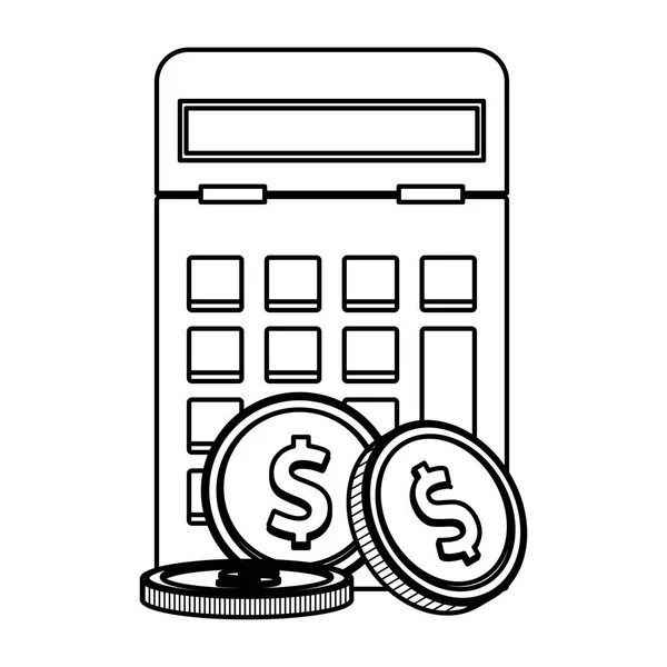 Calculadora e moedas em preto e branco — Vetor de Stock